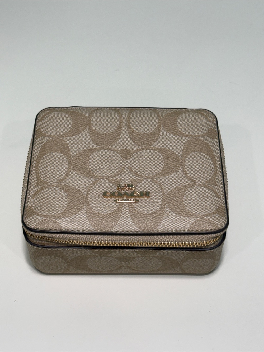 Coach Beige Signature Pattern Jewelry Case with Gold Hardware